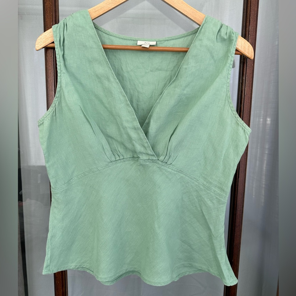 Vintage Y2k Babydoll Tank Top 12 P V Neck 100% Linen Minimalist Quiet Luxury Zip